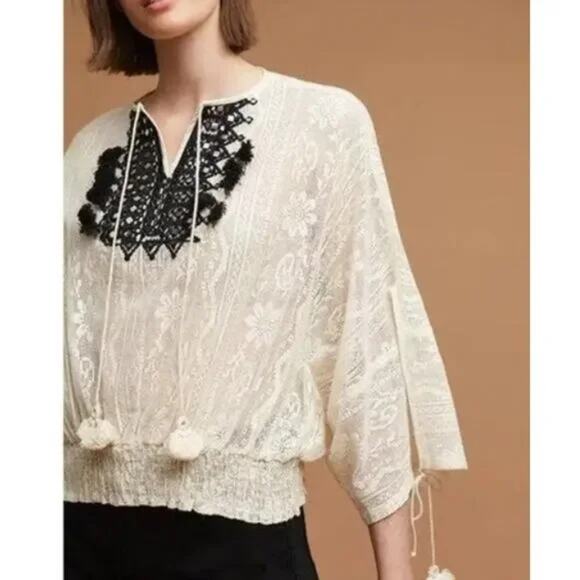 Vineet Bahl Lona Top Womens Sz Small Cream Black Tassels Lace Boho Anthro *FLAW - Picture 1 of 11